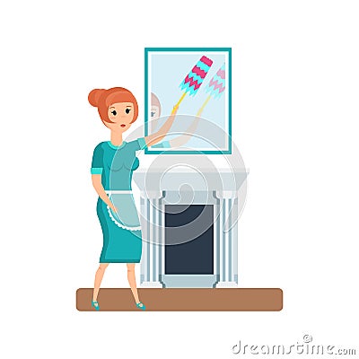 Maid, hotel worker, wipes dust, wipes furniture, mirrors, cleans room. Vector Illustration