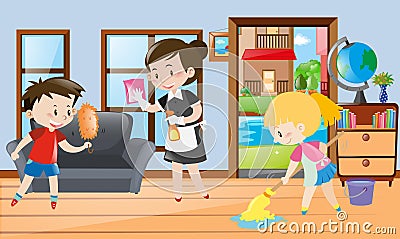 Maid and kids cleaning the room Cartoon Illustration