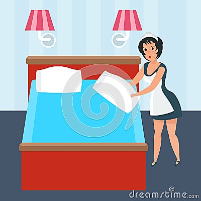 Maid is preparing hotel room, changing linens, making bed. Vector Illustration