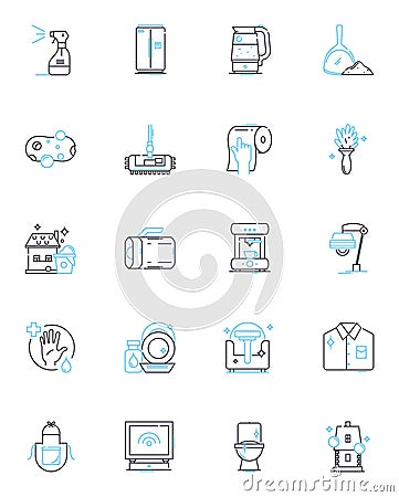 Maid service linear icons set. Cleaning, Housekeeping, Dusting, Sweeping, Mopping, Vacuuming, Tidying line vector and Vector Illustration