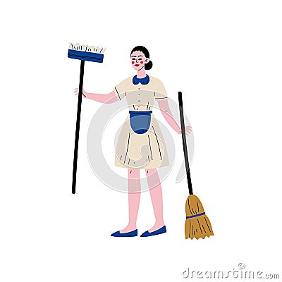 Maid Standing with Mop and Broom, Cleaning Lady Character Wearing Uniform Vector Illustration Vector Illustration