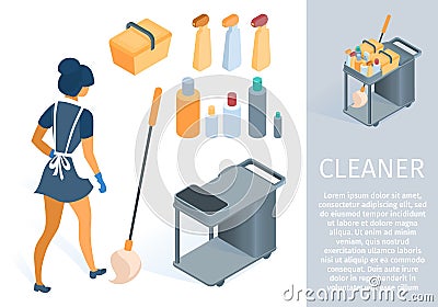 Maid in Uniform with Cleaning Trolley Cartoon Vector Illustration