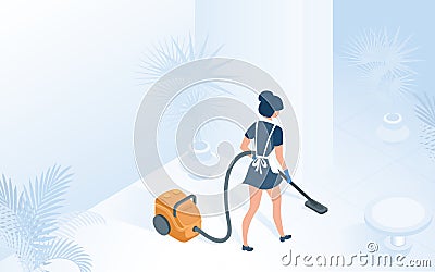 Maid in Uniform Vacuuming Floor in Hotel Hallway Vector Illustration