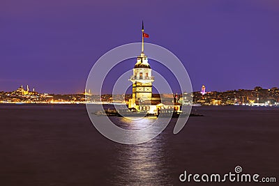 Maiden`s Tower of Istanbul in evening lights, Tirkey Stock Photo