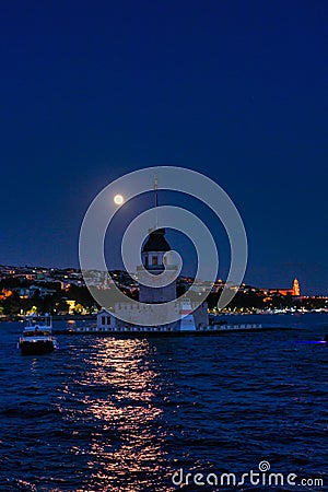 The Maiden's Tower at Night in Istanbul, Turkey Stock Photo