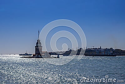 Maiden Tower Tower of Leandros, Turkish: Kiz Kulesi at sunset on the entrance to Bosporus Strait in Istanbul, Turkey Stock Photo