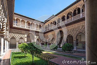Maidens Courtyard (Patio de las Doncellas) at Alcazar (Royal Palace of Seville) - Seville, Andalusia, Spain Editorial Stock Photo