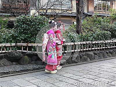 Kimono girls in Gion district, Kyoto Japan. Editorial Stock Photo