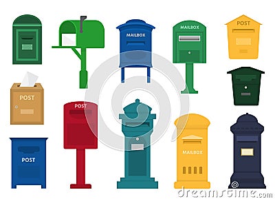 Mail box vector post mailbox or postal letterbox of American or European mailing and set of postboxes for delivery Vector Illustration