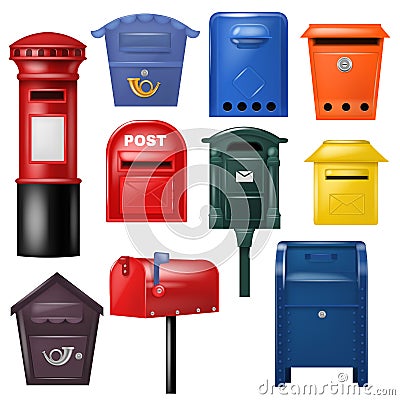 Mail box vector post mailbox postal mailing letterbox illustration set of postboxes design for delivery mailed letters Vector Illustration