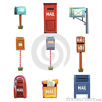 Mail boxes set, vintage postbox cartoon vector Illustrations Vector Illustration