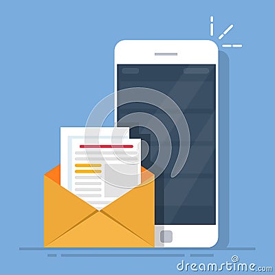 Mail client on the mobile phone. The concept of sending letters from a smartphone. Flat vector illustration isolated on Vector Illustration