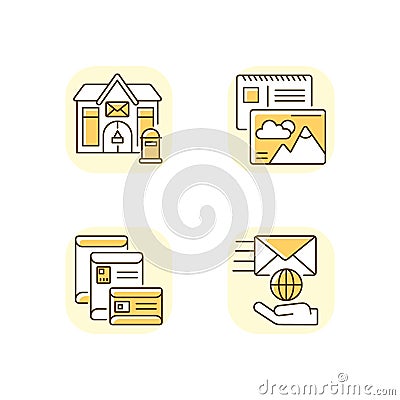 Mail correspondence yellow RGB color icons set Vector Illustration