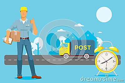 Mail deliver package on time, clock vector illustration. Timer detects how much time post machine deliver order, trip on Vector Illustration