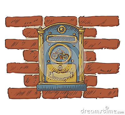 Mail Delivery. Blue Retro Mailbox on a Red Brick Wall Vector Illustration