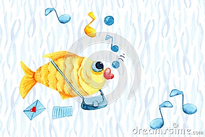 Mail and delivery for hearts in love. Singing cartoon goldfish postman with bag and envelopes. Watercolor illustration with a Cartoon Illustration