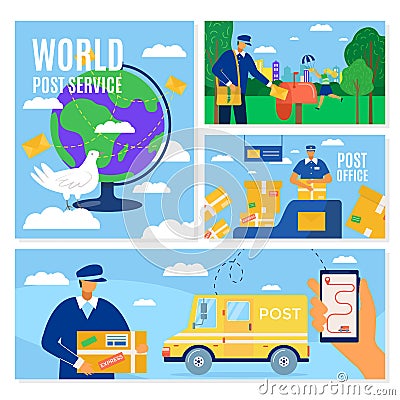 Mail delivery service banners set, postal courier man in front of cargo van delivering package, vector illustration Vector Illustration