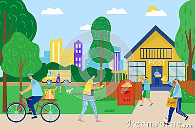 Mail delivery service, vector illustration. Postman male postal courier man in front of post office delivering package Vector Illustration