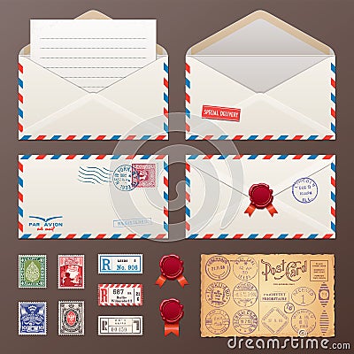 Mail Envelope, Stickers, Stamps, Postcard Vector Illustration