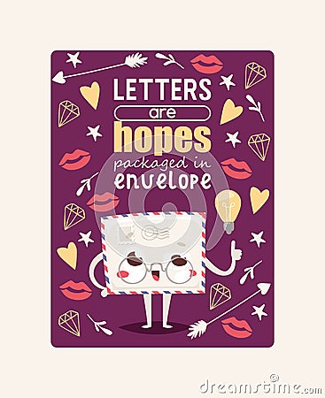 Mail envelope vector mailed post emoticon mailing lovely message letter kawaii email character with lips heart star Vector Illustration