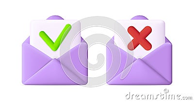 Mail icon. 3d envelope with done check and cross. Email message with letter. Paper document with notification. Opened sms for ui, Stock Photo