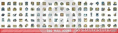 100 mail icons set, color line style Stock Photo