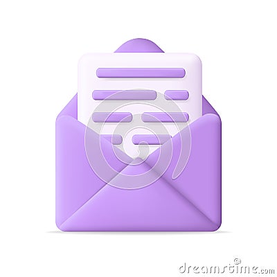 Mail letter. 3d envelope icon. Open email document with message. Illustration of paper letter for send, inbox and verification. Vector Illustration