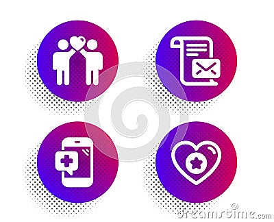 Mail letter, Medical phone and Friends couple icons set. Heart sign. Read e-mail, Mobile medicine, Friendship. Vector Vector Illustration