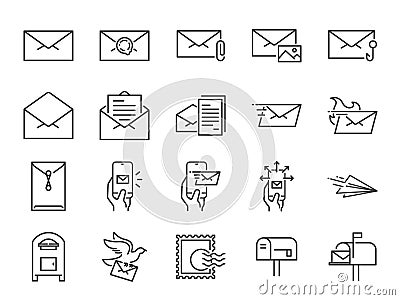 Mail line icon set. Included icons as email, dove, envelope, sent, post box and more. Vector Illustration