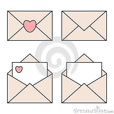 Mail linear icons with heart seals. Open and closed envelopes Stock Photo