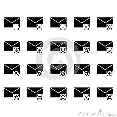 Mail and message icon set include mail,date, message, notification, plus, minus, cross, search, looking, download, arrow, receive Vector Illustration