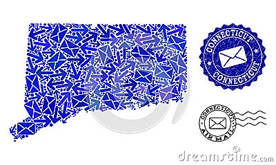 Mail Pathways Collage of Mosaic Map of Connecticut State and Scratched Stamps Vector Illustration