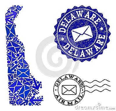 Mail Pathways Composition of Mosaic Map of Delaware State and Scratched Stamps Vector Illustration