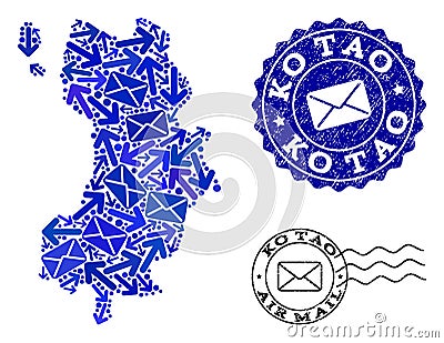 Mail Pathways Composition of Mosaic Map of Ko Tao and Scratched Stamps Vector Illustration