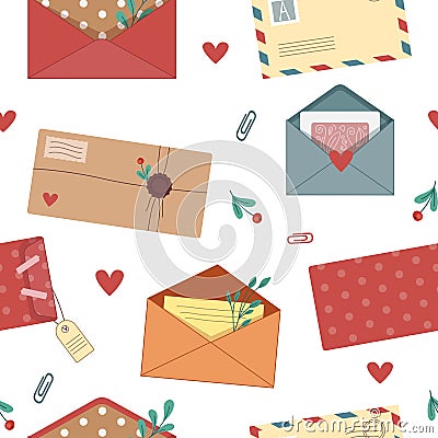 Mail pattern, business technology post. Communication website, internet postcard with stamp, heart and botanical Vector Illustration