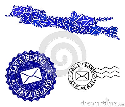 Mail Routes Collage of Mosaic Map of Java Island and Grunge Seals Vector Illustration