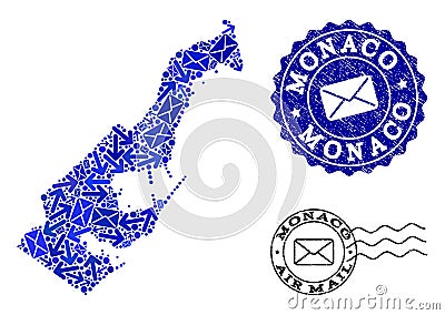 Mail Routes Composition of Mosaic Map of Monaco and Distress Seals Vector Illustration