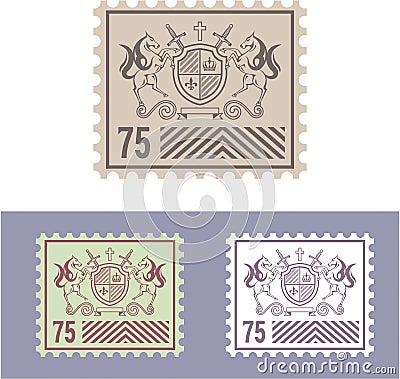 Mail Stamp with Vintage Royal Logo of Shield and Horses Vector Illustration