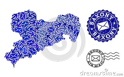 Mail Traffic Composition of Mosaic Map of Saxony State and Grunge Stamps Vector Illustration
