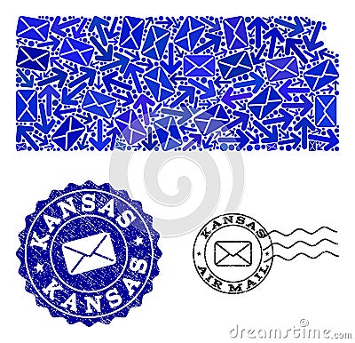 Mail Ways Collage of Mosaic Map of Kansas State and Grunge Stamps Vector Illustration