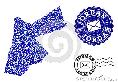 Mail Ways Composition of Mosaic Map of Jordan and Distress Seals Vector Illustration