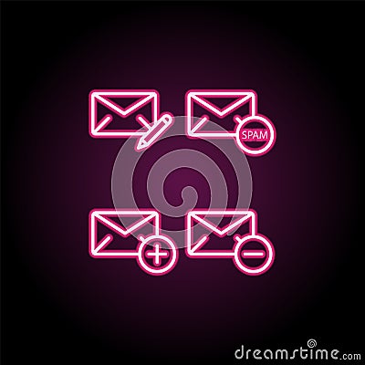 Mail, write, spam, plus, minus sign neon icon. Simple thin line, outline vector of web icons for ui and ux, website or mobile Stock Photo