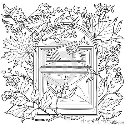 mailbox with autumn leaves and a bird.Coloring book antistress for children and adults. Vector Illustration