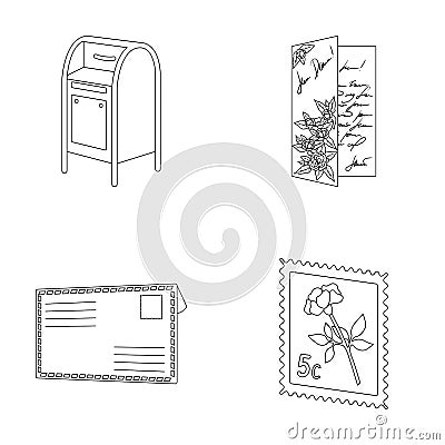 Mailbox, congratulatory card, postage stamp, envelope.Mail and postman set collection icons in outline style vector Vector Illustration