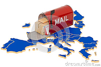 Mailbox on the European Union map. Delivery in the EU, concept. 3D rendering Stock Photo