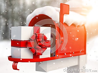 Mailbox and gift of Santa Claus with bow and ribbons. Gift for Christmas Cartoon Illustration