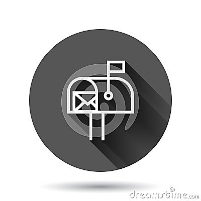 Mailbox icon in flat style. Postbox vector illustration on black round background with long shadow effect. Email envelope circle Vector Illustration
