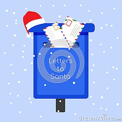 Mailbox with letters from children for Santa Claus. Classic decorative Christmas post box with envelope. Vector Illustration