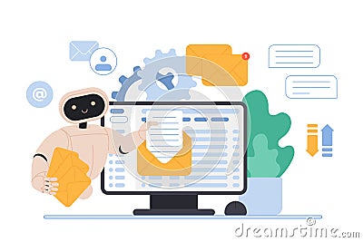 Mailbox message management automation and antispam filter with AI service and robot Vector Illustration