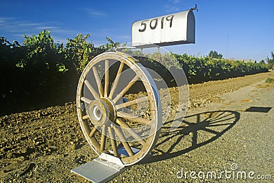 Mailbox mounted on wagon wheel, Modesto, CA Editorial Stock Photo